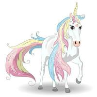 bianca unicorno illustrazione per bambini design. arcobaleno capelli. isolato. carino fantasia animale. vettore