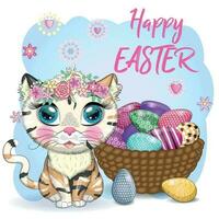 carino cartone animato gatto vicino un' bellissimo Pasqua cestino pieno di uova. contento Pasqua carta vettore