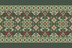 floreale attraversare punto ricamo su verde sfondo.geometrico etnico orientale modello tradizionale.azteco stile astratto vettore illustrazione.disegno per trama, tessuto, abbigliamento, avvolgimento, decorazione, pareo.