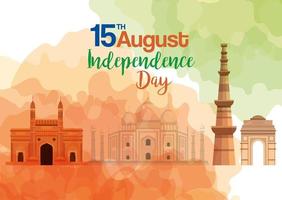 famosi monumenti dell'India, 15 agosto per il felice giorno dell'indipendenza in background vettore