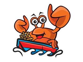 personaggio dei cartoni animati felice granchio di frutti di mare alla guida della barca in mare vettore