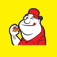 cartone animato divertente uomo grasso che tiene un grande personaggio di hamburger vettore
