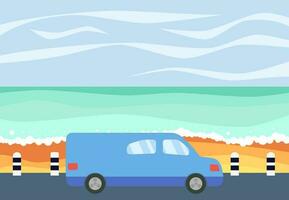 blu auto su il strada contro il fondale di il mare. vettore illustrazione.