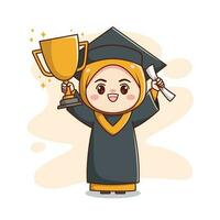 contento la laurea musulmano hijab ragazza Tenere trofeo e carta carino kawaii chibi cartone animato vettore