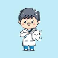 carino dentista maschio medico Tenere dente kawaii chibi piatto delineato personaggio vettore