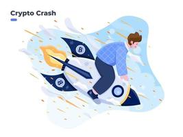 criptovaluta che cade illustrazione. crash del razzo bitcoin, crollo del prezzo delle criptovalute. il prezzo della volatilità della criptovaluta ruggisce velocemente e cade causando enormi perdite agli investitori invest vettore