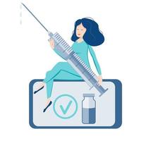 infermiera di vaccinazione seduta su smartphone con siringa vettore