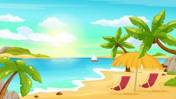 soleggiato tropicale spiaggia paesaggio con palme, mare e sole ombrello. estate vacanza vacanza su esotico isola, riva del mare scena vettore illustrazione