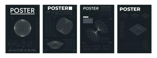 futuristico griglia manifesti. retrofuturistico disposizione modelli con hud elementi, wireframe pianeta prospettiva tunnel cerchio retrò cyberpunk stile. vettore impostato