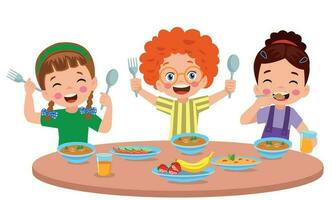 ragazzo e ragazze mangiare a il cenare tavolo vettore