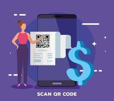 lo smartphone esegue la scansione del codice qr con la donna d'affari e il simbolo del dollaro vettore