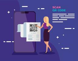 lo smartphone esegue la scansione del codice qr con la donna d'affari vettore