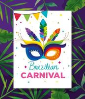 poster del carnevale brasiliano con maschera e foglie tropicali vettore