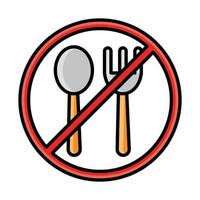 forchetta e cucchiaio con linea del segno proibito e icona dello stile di riempimento vettore