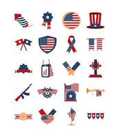 le icone della celebrazione nazionale americana del memorial day hanno impostato l'icona di stile piatto vettore