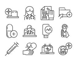 set di icone di consultazione assistenza medica online assistenza sanitaria covid 19 icona della linea pandemica vettore
