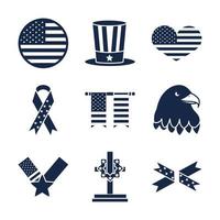 le icone della celebrazione nazionale americana del memorial day hanno impostato l'icona di stile della siluetta vettore