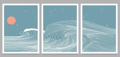 oceano onda paesaggio su impostare. creativo minimalista moderno linea arte Stampa. astratto contemporaneo estetico sfondi paesaggi. con oceano, mare, onda e tramonto. vettore illustrazioni