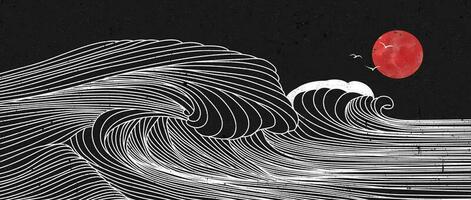 oceano onda paesaggio. creativo minimalista moderno linea arte Stampa. astratto contemporaneo estetico sfondi paesaggi. con oceano, mare, onda e tramonto. vettore illustrazioni