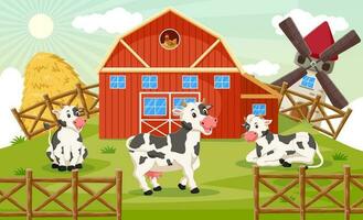 cartone animato di contento mucche su il azienda agricola. vettore illustrazione