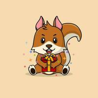 vettore carino bambino scoiattolo cartone animato contento Tenere regalo piatto icona illustrazione.