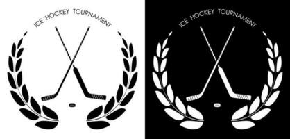 simbolo, emblema di gli sport bastoni per portiere e fielder e nero gomma da cancellare disco per ghiaccio hockey con alloro ghirlanda per concorrenza. hockey gli sport attrezzatura. attivo stile di vita. vettore