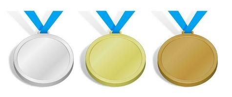 impostato di gli sport medaglie. modelli, layout per gli sport design decorazione. oro, argento e bronzo premio con blu nastro. 3d vettore