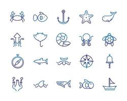vita marina nautica animali marini e attrezzature icone blu linea spessa vettore