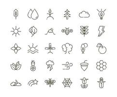 set di icone del design della linea della natura dell'ecologia del fogliame della foresta vettore