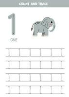 tracciare numeri. numero 1 uno. carino cartone animato elefante. vettore