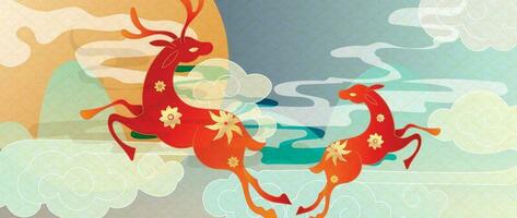 lusso oro orientale stile sfondo vettore. Cinese e giapponese sfondo modello design di elegante cervo, nube, mare onda, Luna con oro linea. design illustrazione per decorazione, parete arredamento. vettore