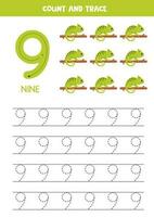 tracciare numeri. numero 9 nove. carino cartone animato camaleonti. vettore