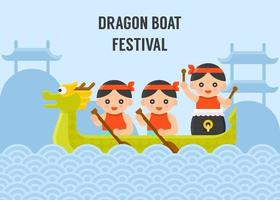 dragon boat che rema con sfondo di montagna e padiglione cinese vettore
