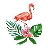 rosa fenicottero con tropicale impianti. vettore illustrazione di un' uccello nel un' acquerello stile su un' bianca sfondo. design elemento per estate striscioni, saluto carte, pacchi nel tropicale stile.