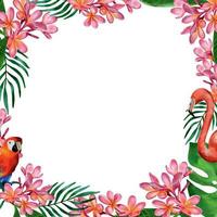 sfondo con tropicale impianti, fiori e esotico uccelli. vettore illustrazione di un' estate sfondo. modello per nozze inviti, saluto carte, estate striscioni.