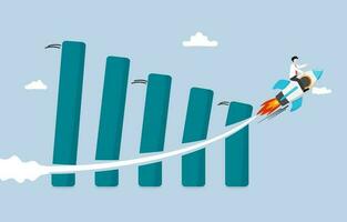 attività commerciale interruzione, vincente al di sopra di tradizionale attività commerciale, nuovo mercato capo concetto, uomo d'affari equitazione razzo rottura attraverso caduta giù bar grafico. vettore