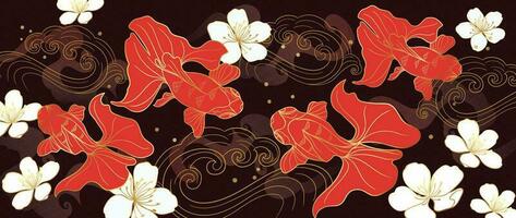 lusso oro orientale stile sfondo vettore. Cinese e giapponese sfondo modello design di elegante pesce rosso, fiori, mare onda con oro linea. design illustrazione per decorazione, parete arredamento. vettore