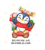 contento pinguino con renna ramificazione e allegro natale decorazione consegna i regali su slitta, cartone animato acquerello ar vettore