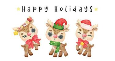 gruppo di adorabile contento Natale renna animali, contento vacanze striscione, acquerello cartone animato personaggio illustrazione. vettore