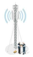 ingegnere Manutenzione servizio chiamata Telefono Internet 5g antenna alto Torre isometrico isolato cartone animato vettore