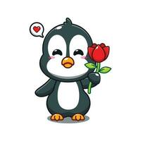 carino pinguino Tenere rosa fiore cartone animato vettore illustrazione.