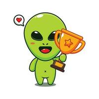 carino alieno Tenere oro trofeo tazza cartone animato vettore illustrazione.