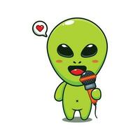 carino alieno Tenere microfono cartone animato vettore illustrazione.
