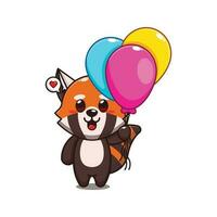 carino rosso panda con Palloncino cartone animato vettore illustrazione.