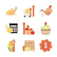 l'aumento dei prezzi degli alimenti sul mercato delle icone del commercio ha impostato l'icona di stile piatto vettore