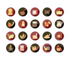 l'aumento dei prezzi degli alimenti sul mercato delle icone del commercio ha impostato l'icona di stile piatto vettore