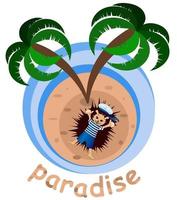 immagine vettoriale di un riccio su un'isola sotto una palma
