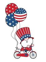 4 luglio america gnomo patriottico in bicicletta con palloncini cartone animato doodle contorno piatto vettore illustation