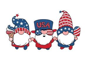 carino tre gnomi america del 4 luglio estate tema cartone animato doodle illustrazione vettoriale