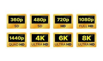 video risoluzione Schermo definizione icone, d'oro 8 mila 4k 5k ultra HD video risoluzione icona vettore